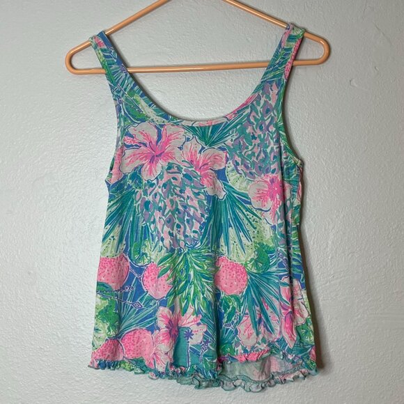 Lilly Pulitzer PJ Knit Ruffle Hem Tank Top Multi Swizzle In Blue Pink Size XXS - Picture 5 of 7